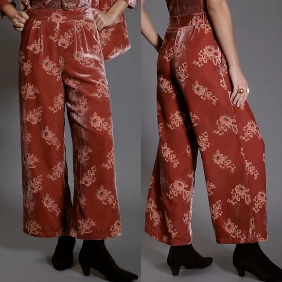 NWT Anthropologie Hutch Floral Velvet Wide Leg Burnout Pants Pink - Picture 1 of 7